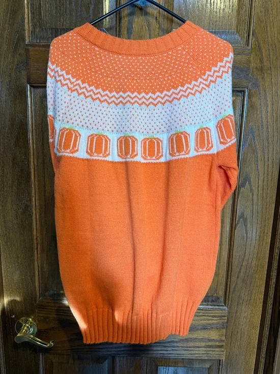 Orange and White Knit Cardigan Sweater Halloween or Thanksgiving - Picture 3 of 3